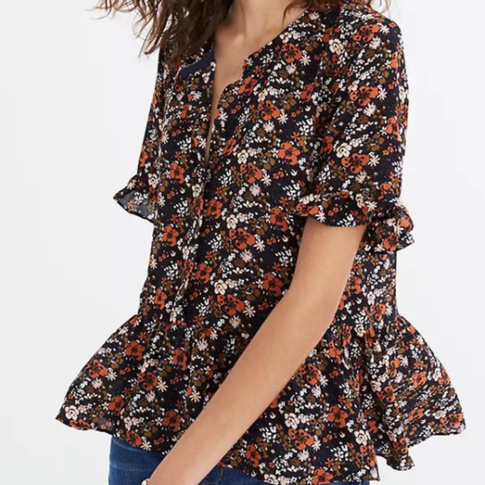 Madewell Floral Silk Studio Ruffle-Hem Top Medium